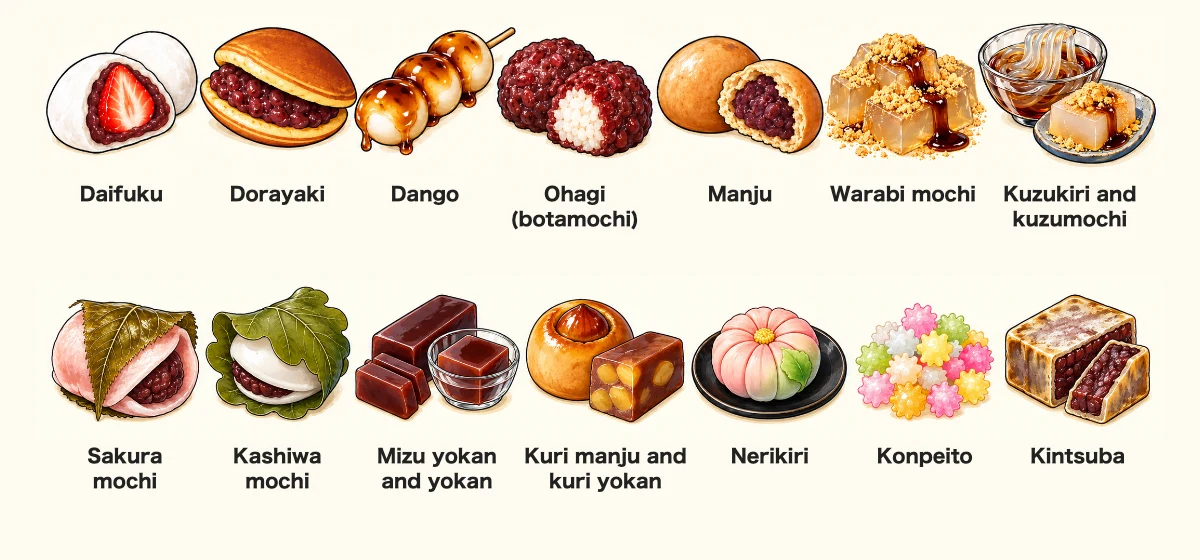 Illustrated chart of 14 popular wagashi: daifuku, dorayaki, dango, ohagi, manju, warabi mochi, kuzukiri and kuzumochi, sakura mochi, kashiwa mochi, mizu yokan and yokan, kuri manju and kuri yokan, nerikiri, konpeito, and kintsuba